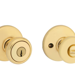 Security Tylo Polished Brass Exterior Keyed Entry Door Knob with Antimicrobial Technology